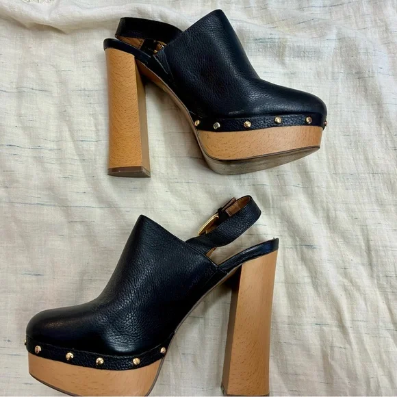 Report Black Leather Platform Slingback Clog Heels - Picture 2 of 11